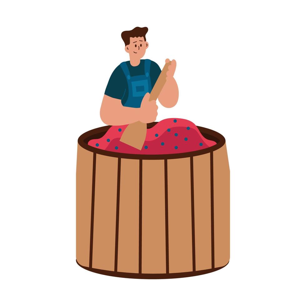 Mens maken wijn van fruit vector illustratie. druif wijnmakerij tekenfilm oogsten Aan wijngaard houten loop. oogst werkwijze landbouw volwassen karakter en boer productie alcohol. tekening wijnmaker