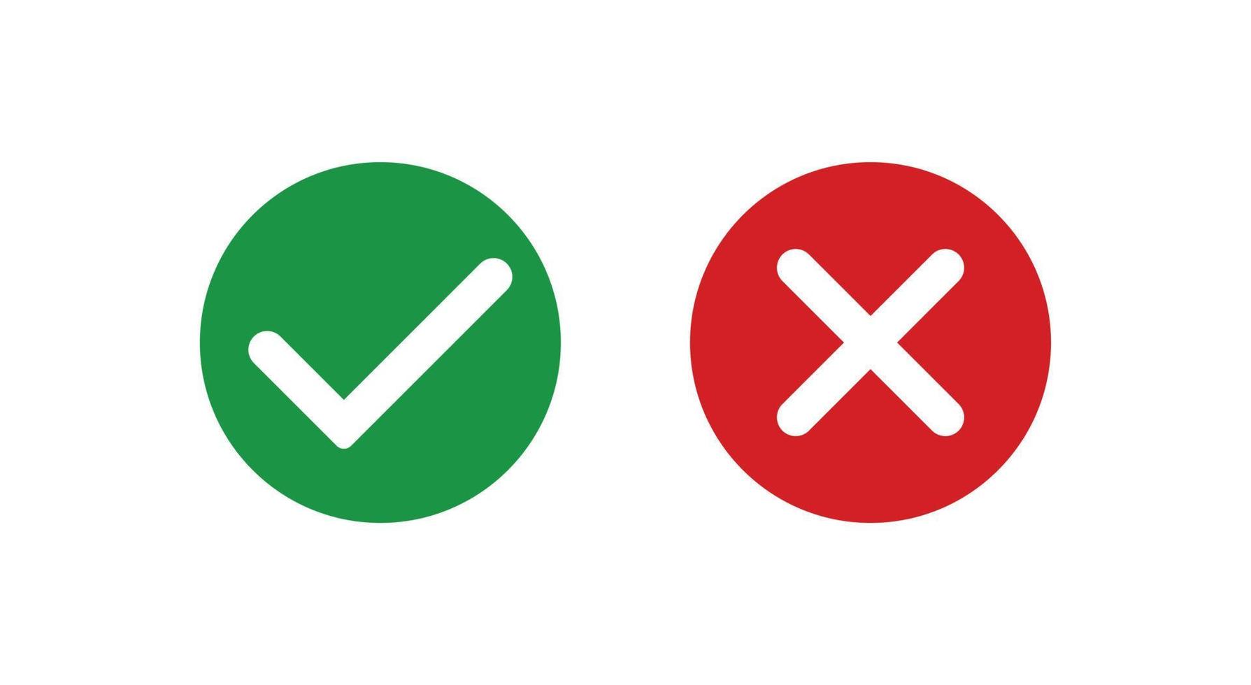 vinkje pictogrammen set. Kruis aan en kruis teken. groen controleren Mark en rood X kruis icoon geïsoleerd Aan wit achtergrond. gemakkelijk merken grafisch vlak ontwerp. cirkel vorm Ja en Nee knop. vector illustratie.