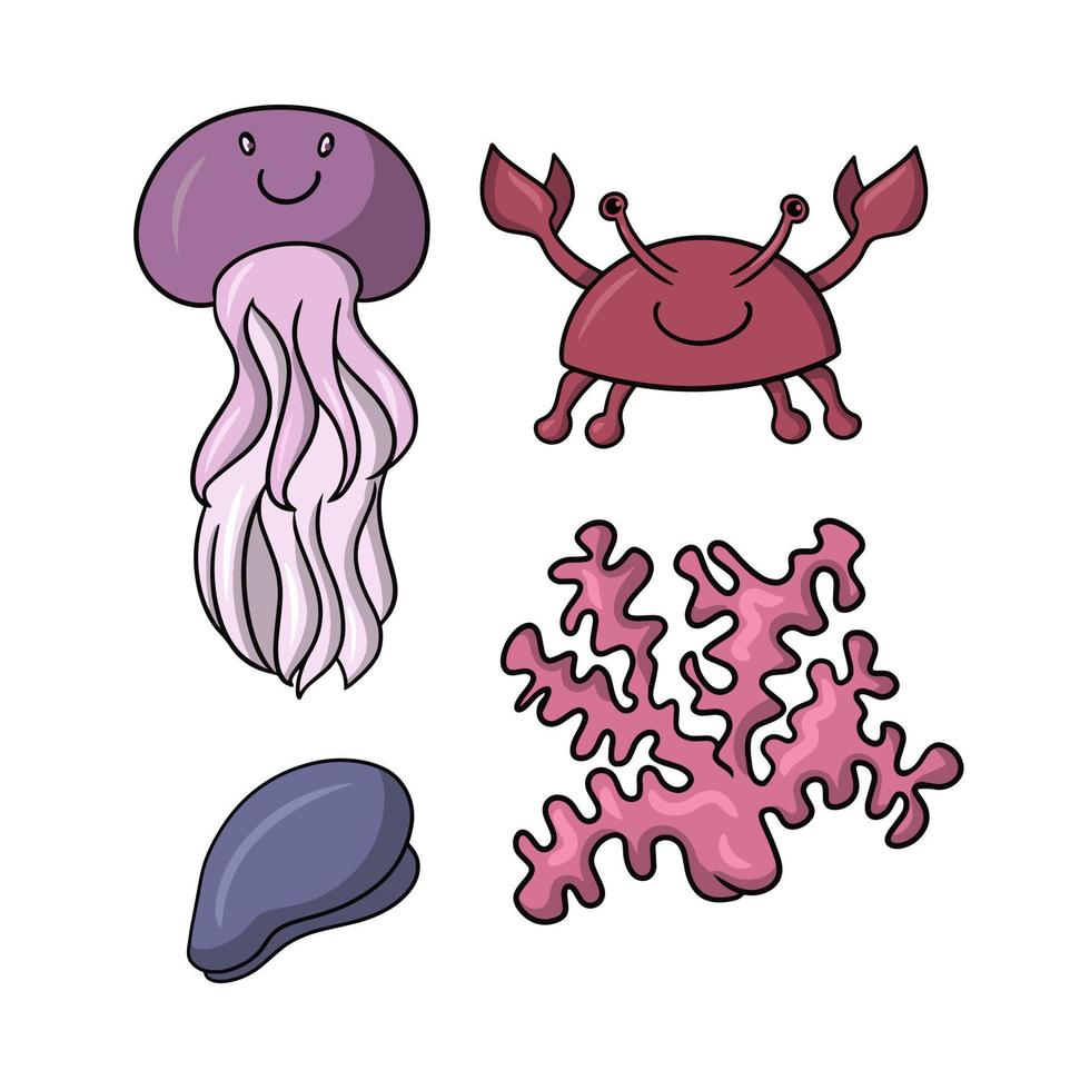 een reeks van gekleurde pictogrammen, schattig zee karakters, een vrolijk krab, koraal twijgen en een kwallen, vector illustratie in tekenfilm stijl Aan een wit achtergrond