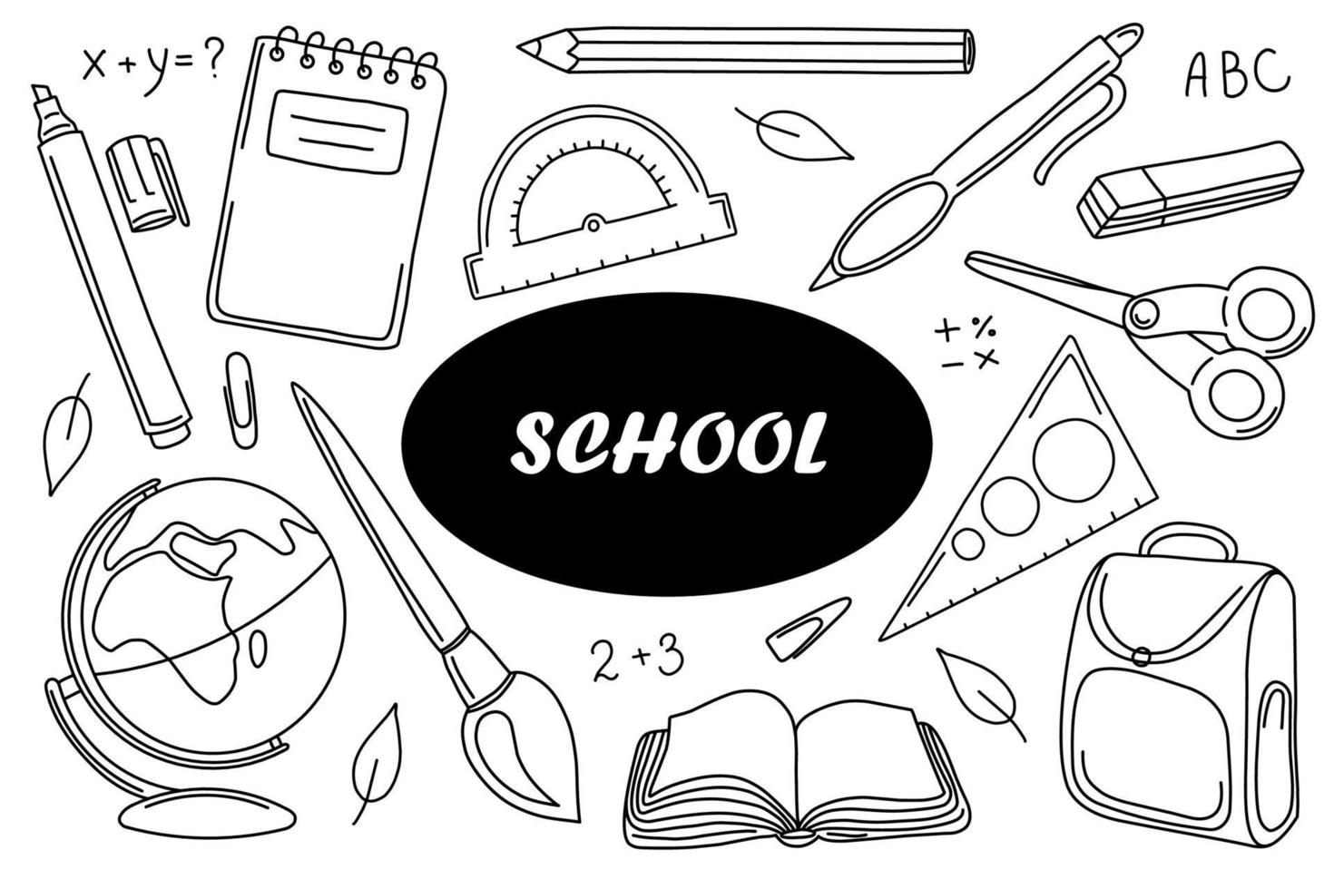 webback naar school- met hand- getrokken school- benodigdheden - groot set. tekening belettering en school- voorwerp verzameling. schetsen icoon. kinderen stijl achtergrond. onderwijs concept. vector illustratie.