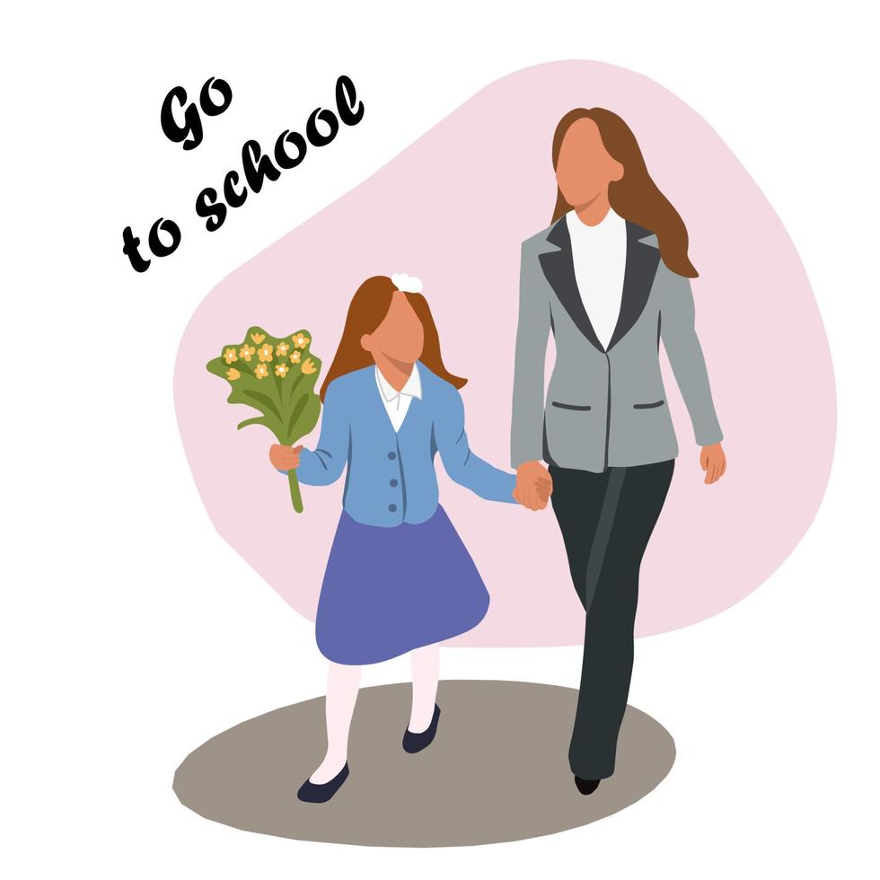 mam duurt haar dochter naar school, wij Gaan naar school, de eerste dag van school, vector illustratie, school- voorbereiding