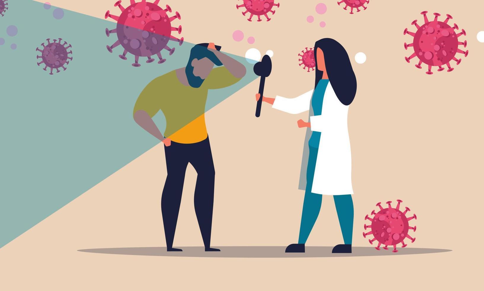 covid 19 test met dokter vrouw. coronavirus diagnose Mens en medisch symptomen vector illustratie concept. mensen infectie corona virus en laboratorium ziekenhuis station. kliniek het voorkomen en behandeling