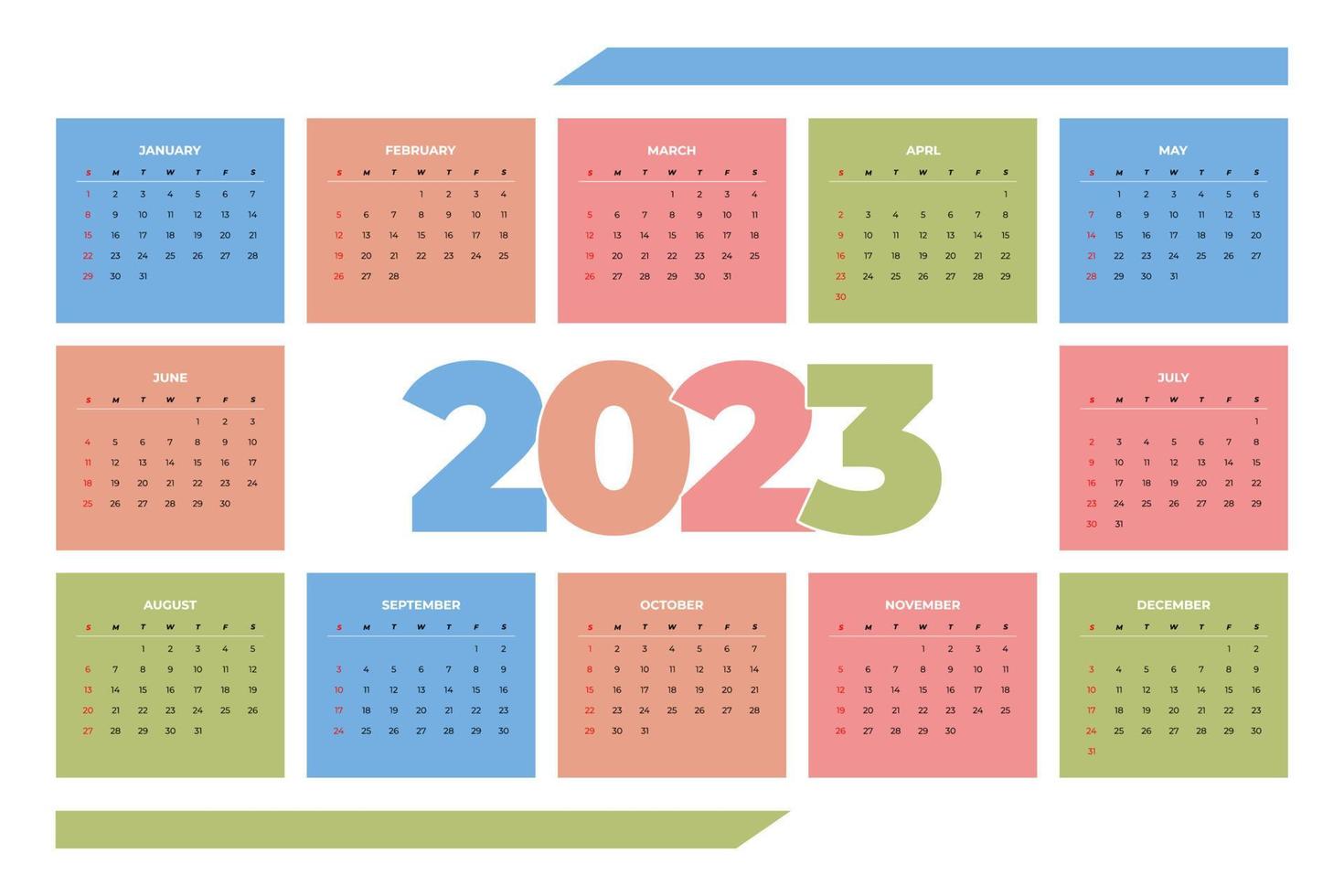 2023 gekleurde kalender sjabloon, vector illustratie