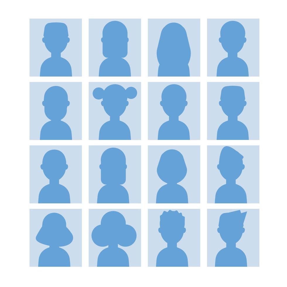 elegant reeks van blauw silhouet avatars van mannen en Dames. avatar mensen portret pictogrammen anoniem. vector illustratie