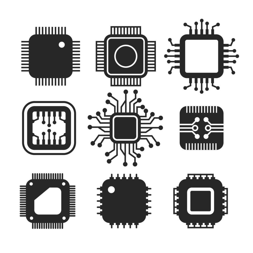 modern CPU verzameling met vlak icoon ontwerp in zwart kleur. elektronisch bewerker spaander hardware. tech CPU bewerker eenheid reeks geïsoleerd Aan wit vector