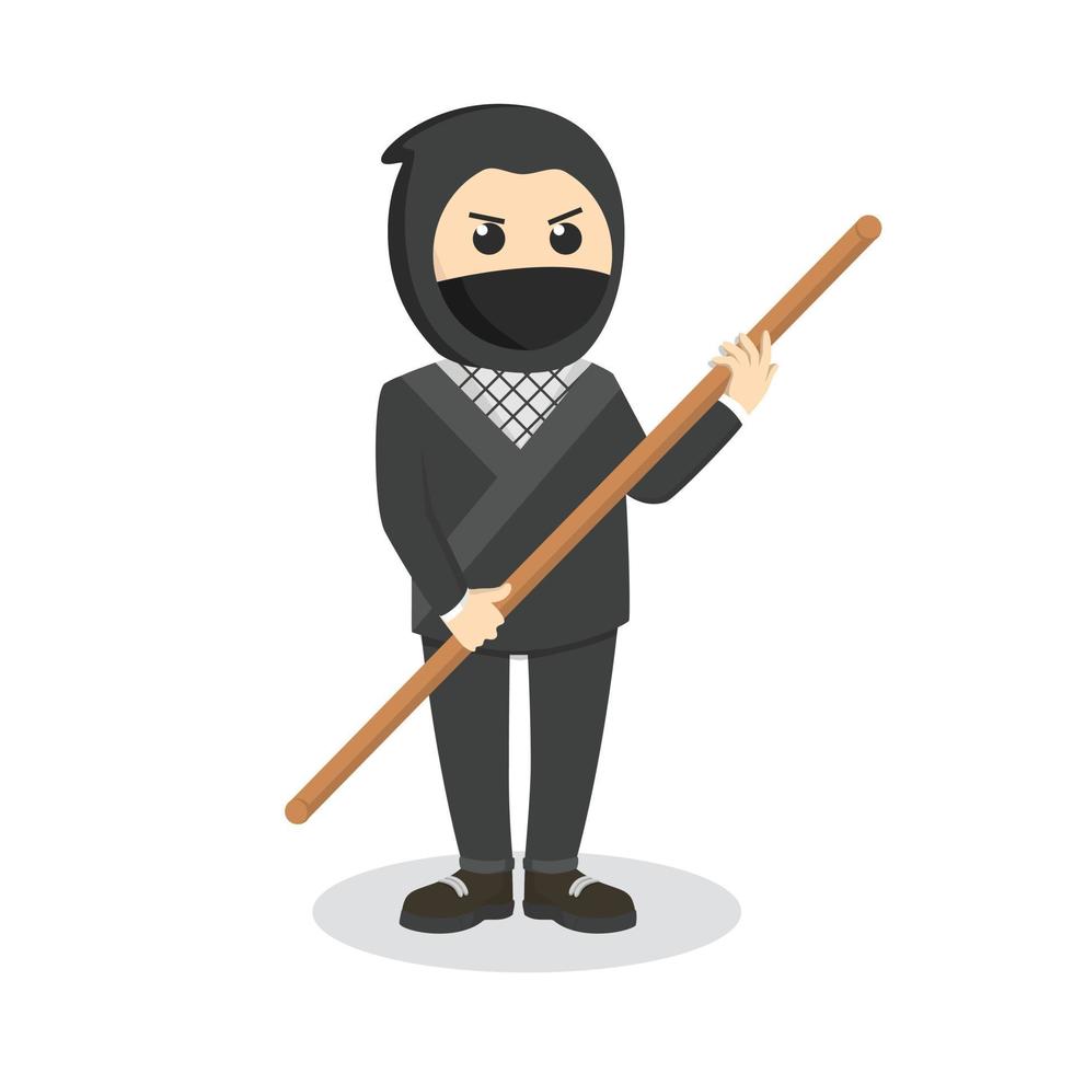 Ninja met houten stok ontwerp karakter Aan wit achtergrond vector