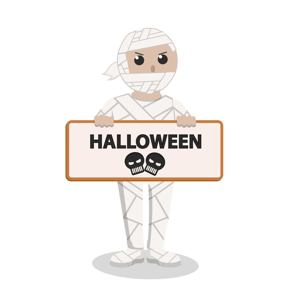 Mens met mama kostuum Holding teken halloween ontwerp karakter Aan wit achtergrond vector