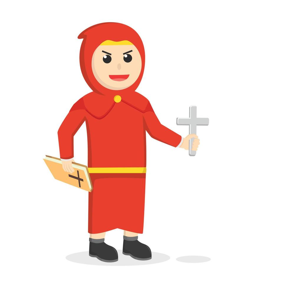 rood monnik Holding Bijbel en kruis ontwerp karakter Aan wit achtergrond vector