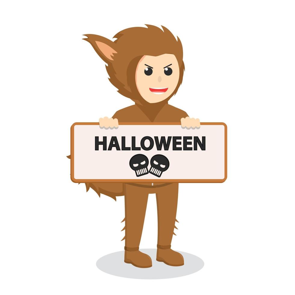 Mens met weerwolf kostuum Holding teken halloween vector