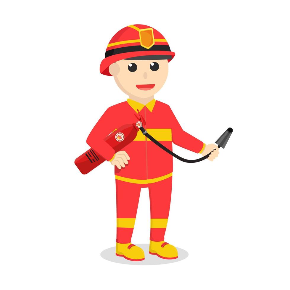 brandweerman staand en Holding brand buis Aan wit achtergrond vector