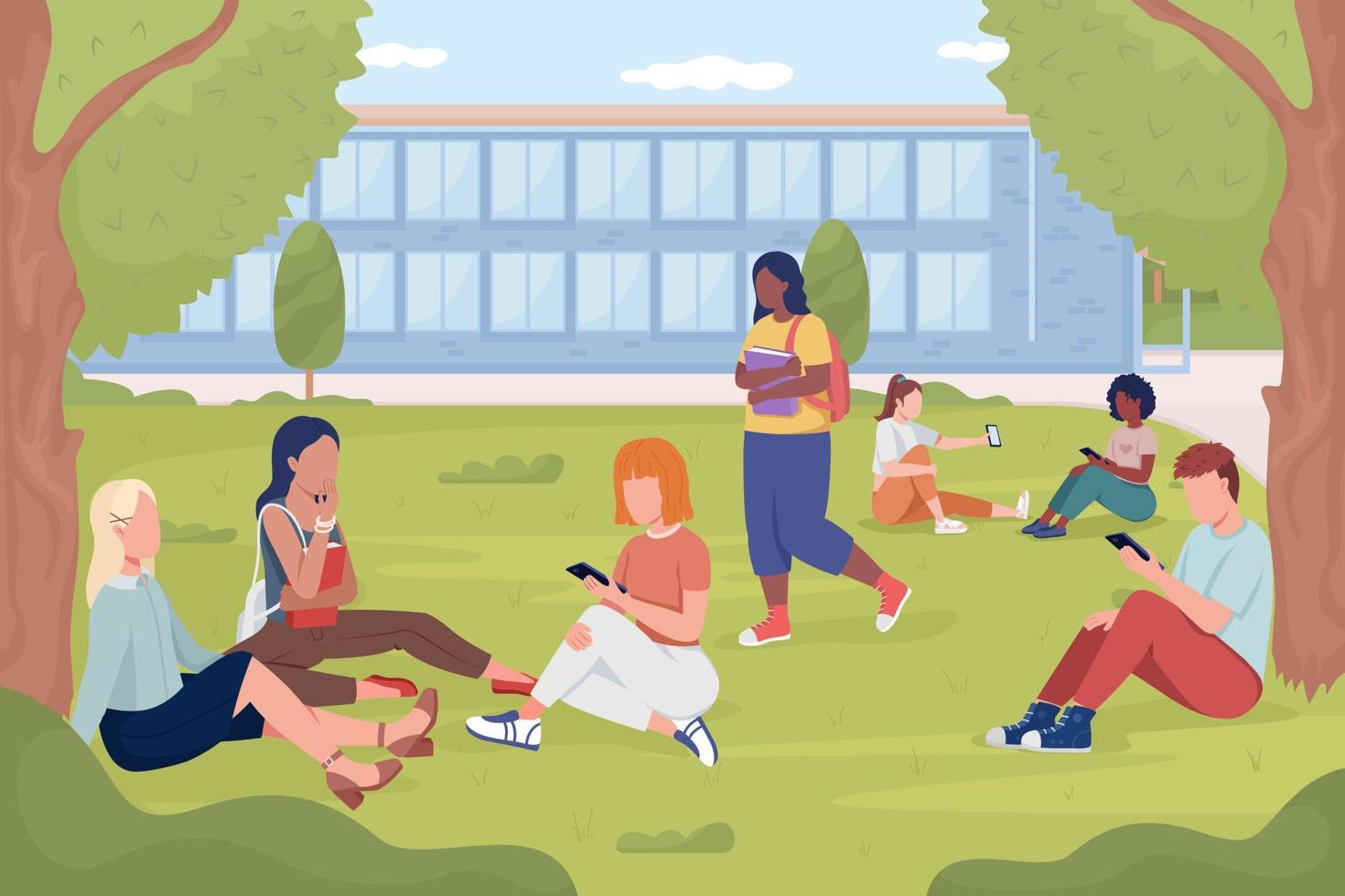 studenten resting Aan tuin gazon in de buurt college vlak kleur vector illustratie. Universiteit park. plaats naar rust uit. ten volle bewerkbare 2d gemakkelijk tekenfilm tekens met landschap Aan achtergrond