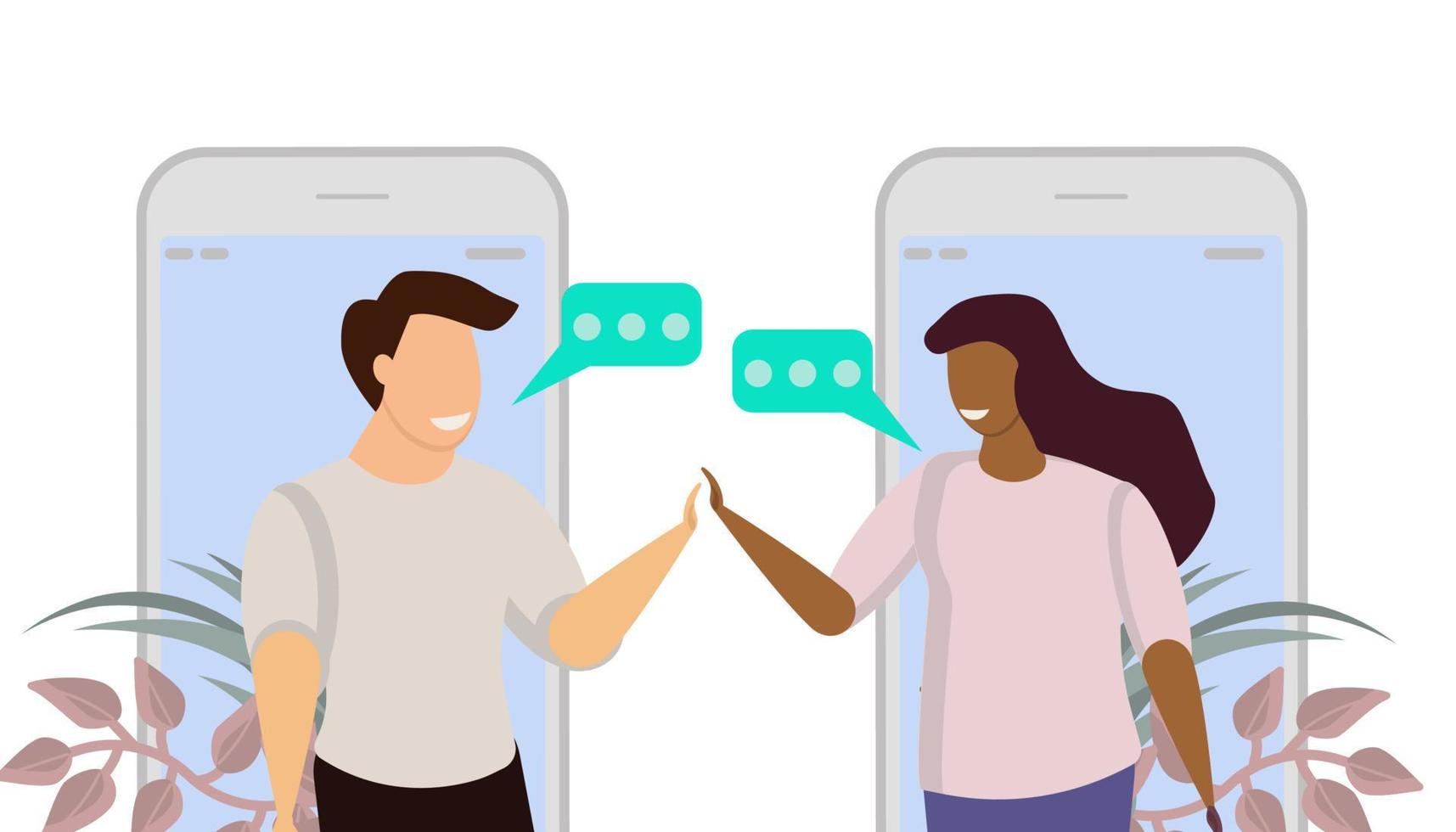 mensen chatten vector communicatie discussie. vrouw en Mens praten bedrijf chatten. toespraak bericht illustratie sociaal groep. concept netwerk vergadering samenspel met telefoon. menselijk verbinding dialoog vriend