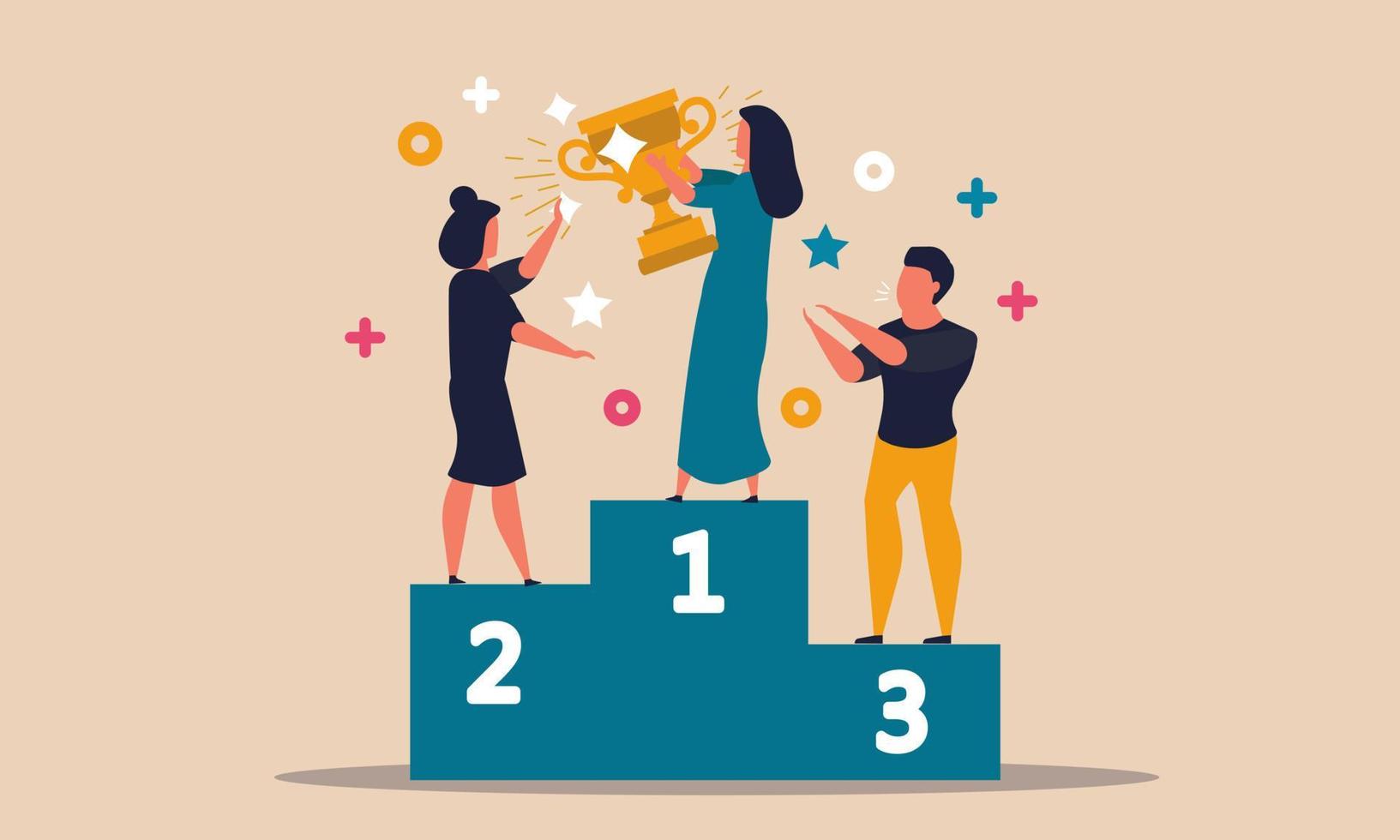 bedrijf wedstrijd en motivatie succes. eerste vrouw werk winnaar en prijs richting carrière vector illustratie concept. karakter competitief en samenspel triomf. leider doel naar financiën