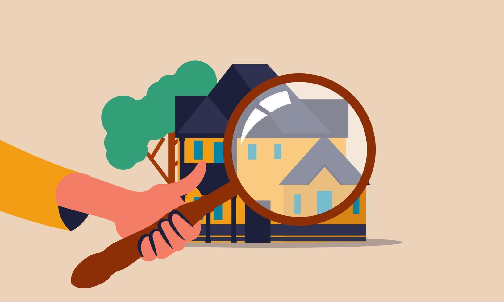 inspecteren accommodatie en huis inspecteur met waardering. huis eigendom en acquisitie hypotheek vector illustratie concept. vergroten glas met onderhoud verhuur zoeken. Diensten echt landgoed