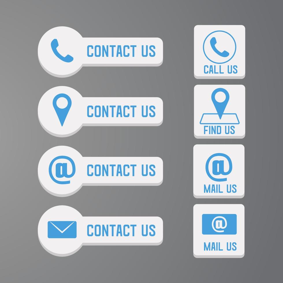 contact ons knop reeks in vlak ontwerp icoon symbool. mail, telefoon, ondersteuning bedrijf knop. contact kantoor icoon vector illustratie teken