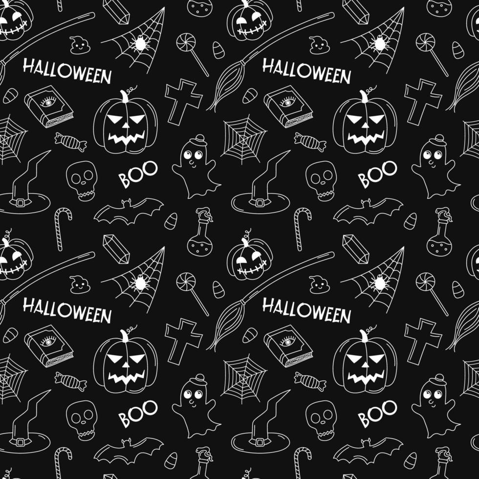 halloween tekening patroon. vector zwart en wit kattebelletje herhaling illustratie. halloween naadloos donker achtergrond met herfst vakantie symbolen jack lantaarns, geest, heks attributen. hand- getrokken element