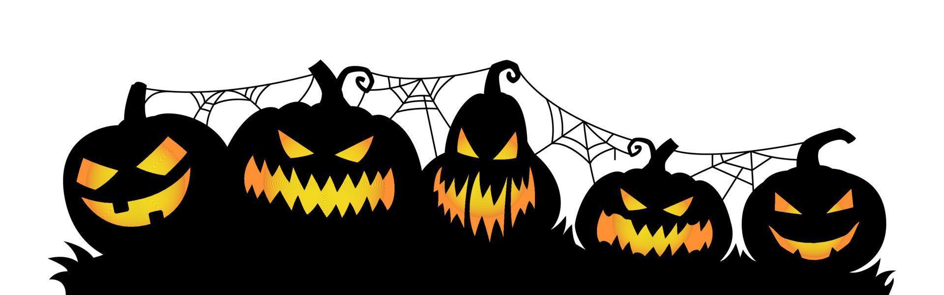 horizontaal banier met spookachtig pompoenen en spin web. grappig halloween vector illustratie