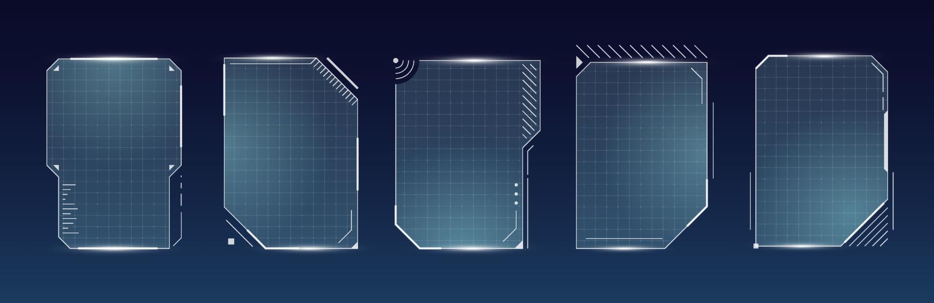 hud digitaal futuristische gebruiker koppel plein verticaal kader set. sci fi hoog tech schermen. spel menu aanraken cyber toezicht houden dashboard panelen. cyberspace hoofd omhoog Scherm gui of fui informatie tekens vector