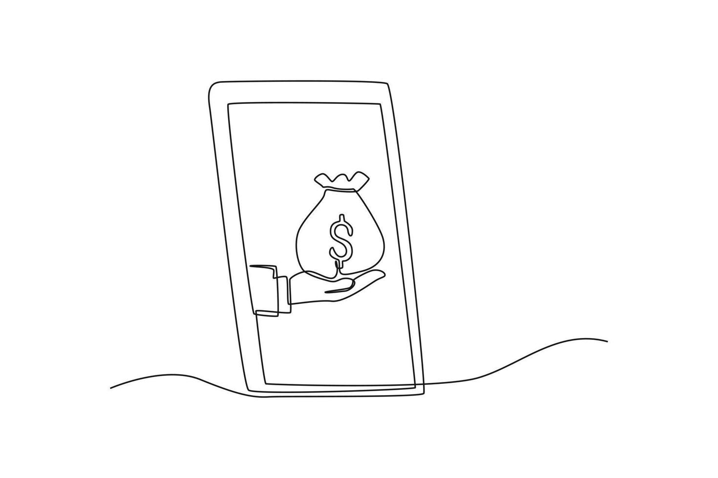 single een lijn tekening hand- houden geld zak in smartphone. financieel technologie concept. doorlopend lijn trek ontwerp grafisch vector illustratie.