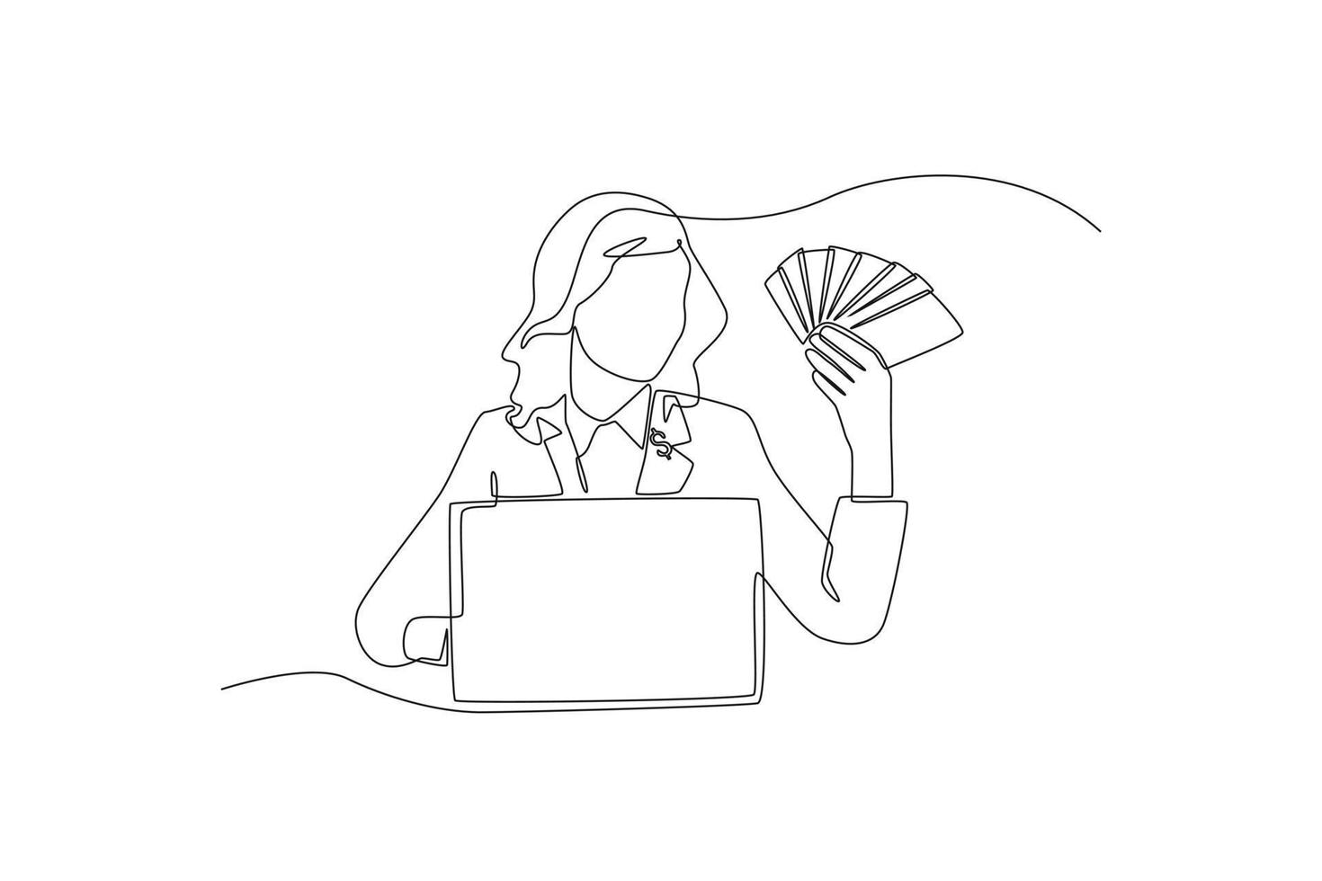 single een lijn tekening gelukkig bedrijf vrouw Holding stack van dollars terwijl gebruik makend van haar laptop. financieel technologie concept. doorlopend lijn trek ontwerp grafisch vector illustratie.