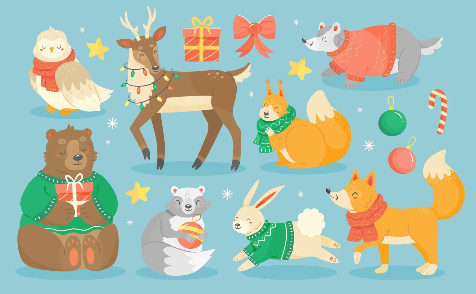 Woud Kerstmis dieren in truien en sjaals in een schattig tekenfilm stijl. vector geïsoleerd dier illustratie.