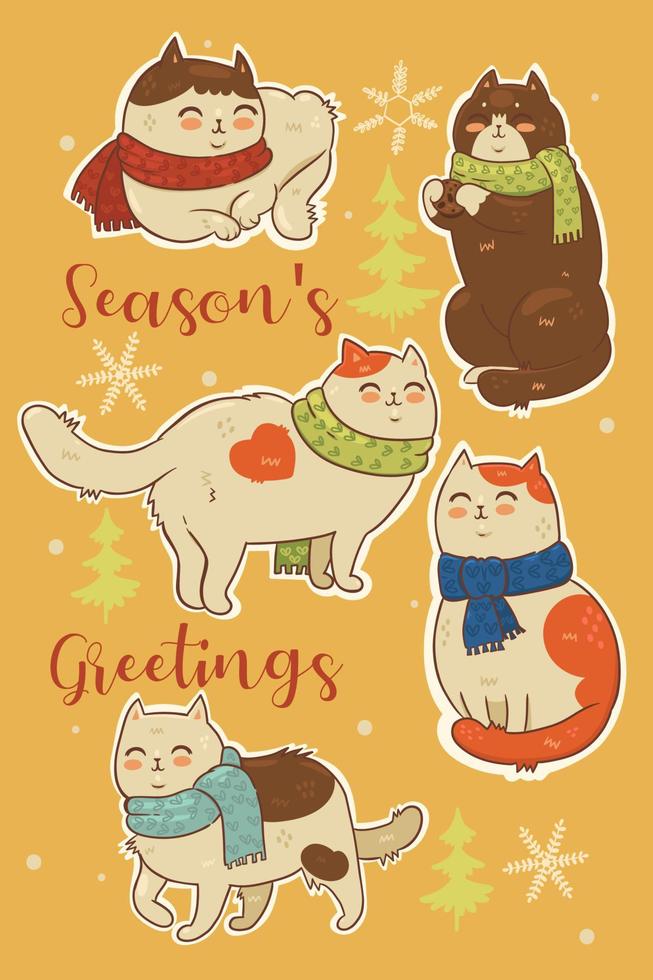 verzameling van stickers van Kerstmis katten in sjaals. vector grafiek.