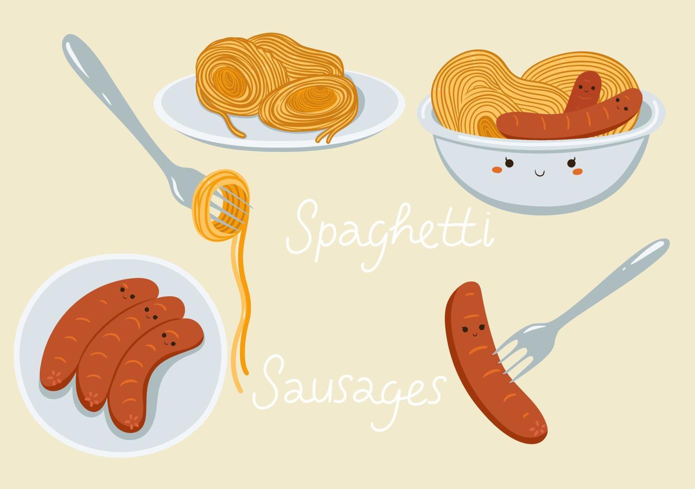 spaghetti en worst voedsel set. vector grafiek.