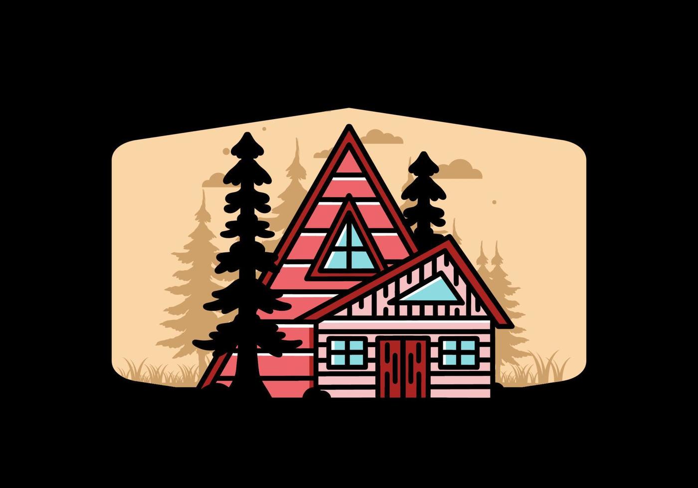 esthetisch hout huis tussen twee pijnboom boom illustratie insigne ontwerp vector