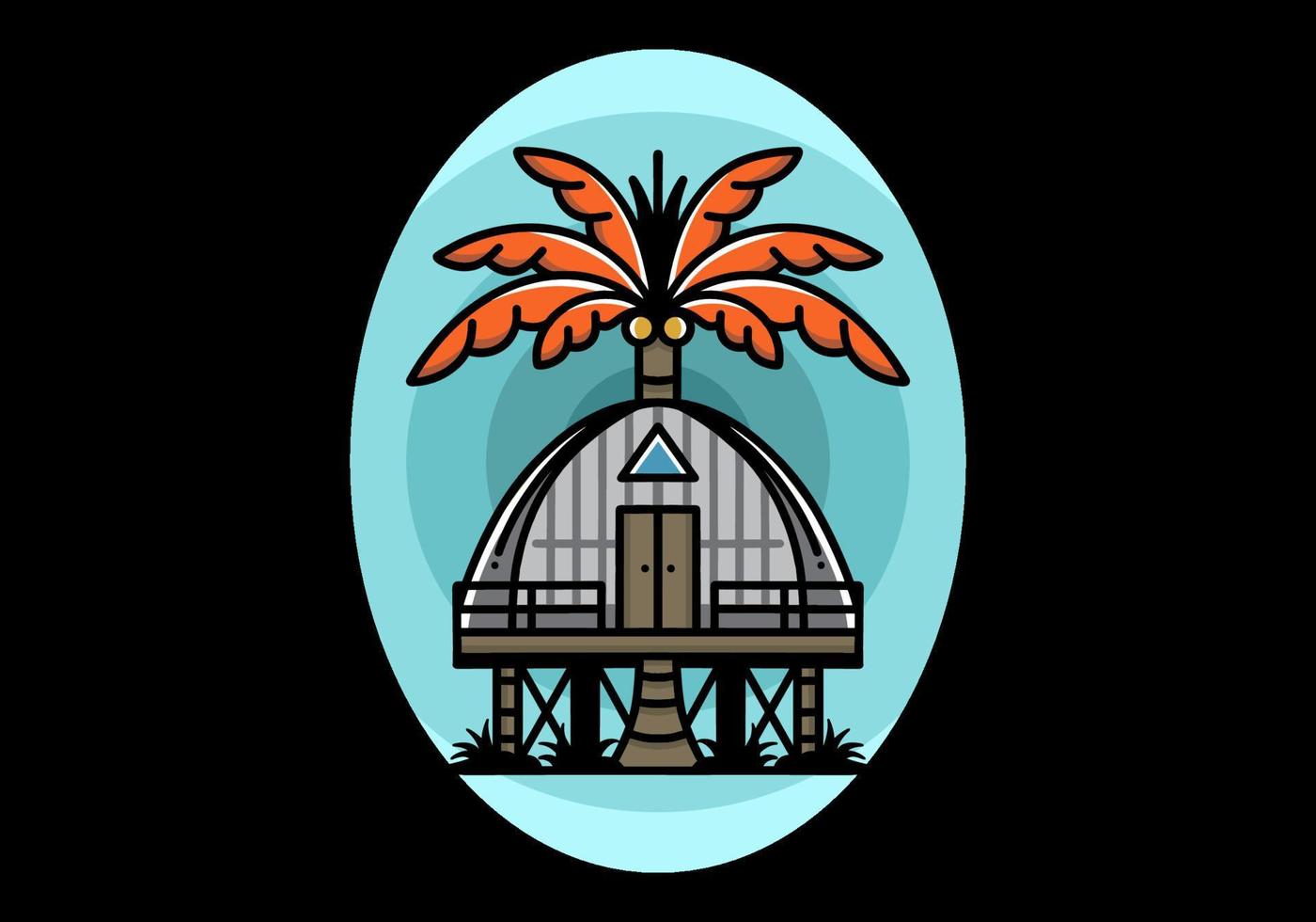 houten huis met groot kokosnoot boom insigne ontwerp vector