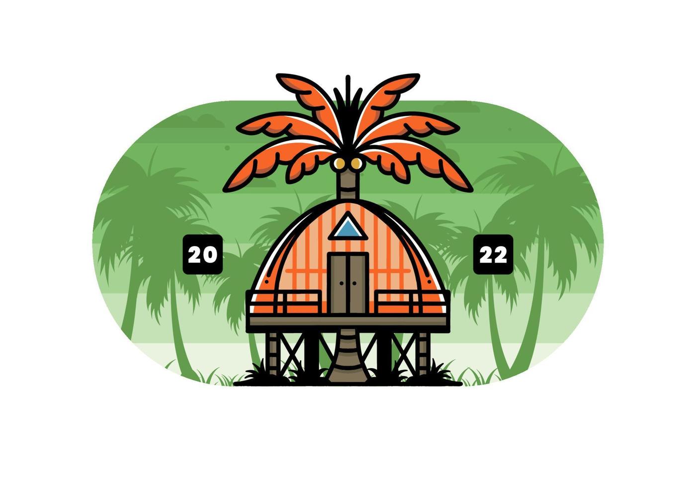 houten huis met groot kokosnoot boom insigne ontwerp vector