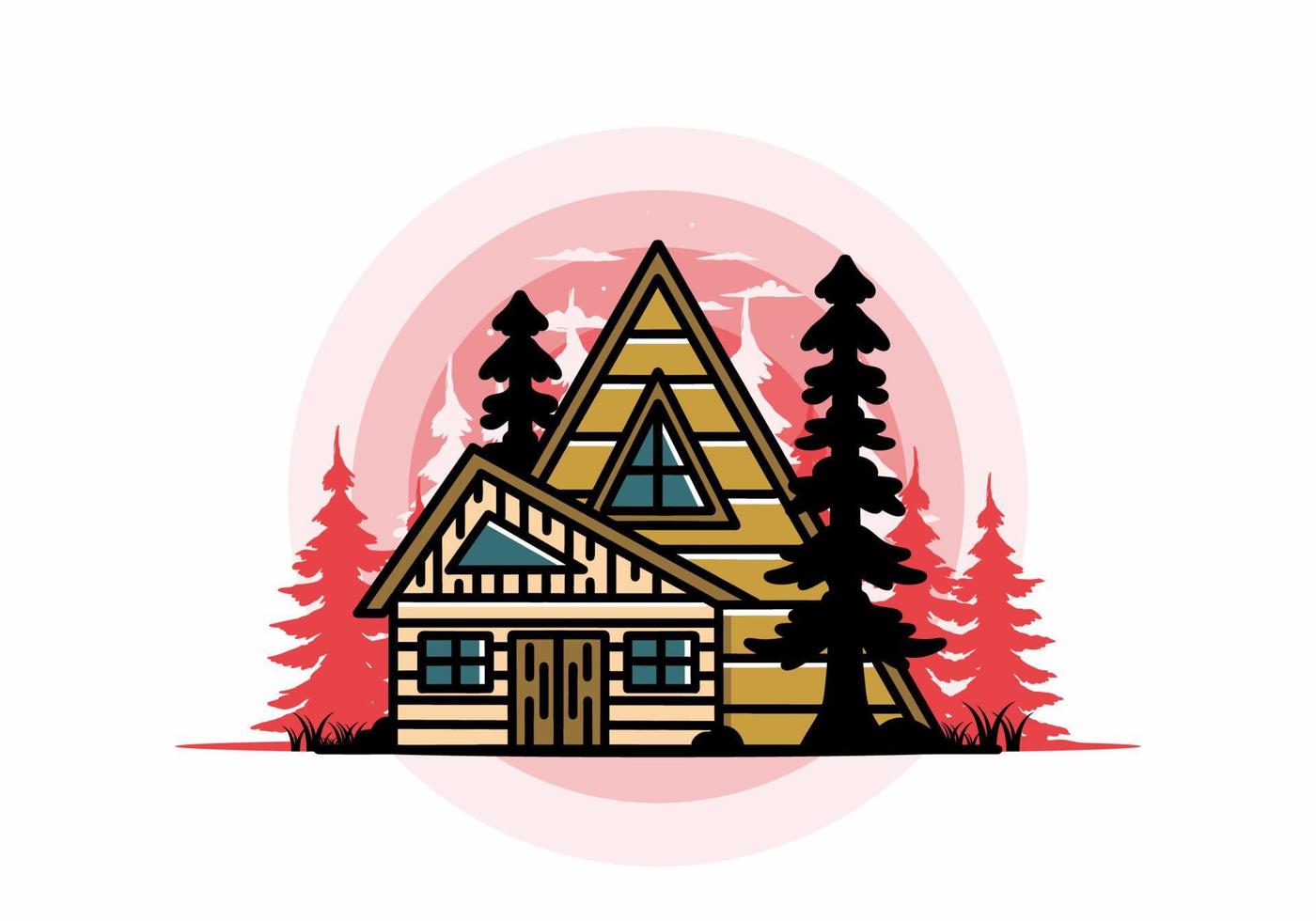 esthetisch hout huis tussen twee pijnboom boom illustratie insigne ontwerp vector