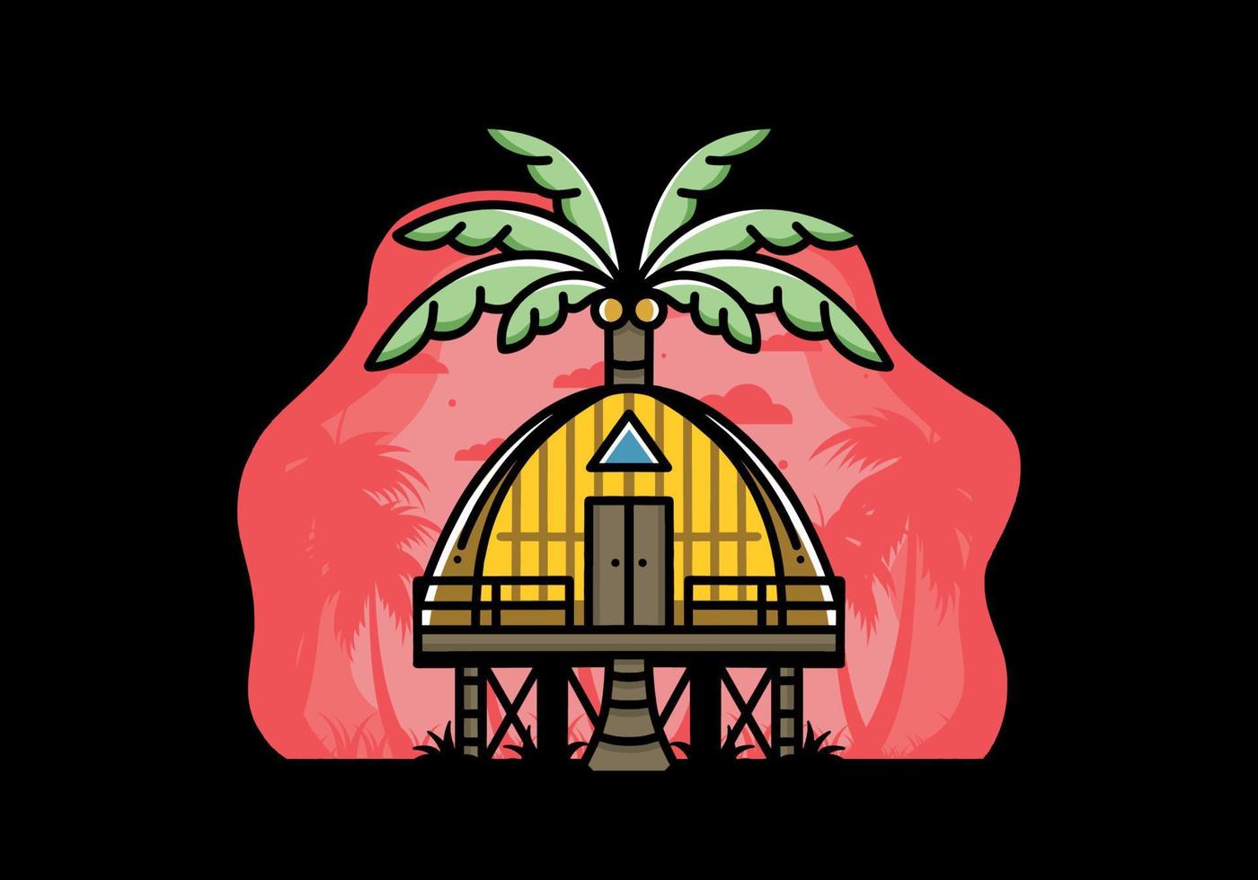 houten huis met groot kokosnoot boom insigne ontwerp vector