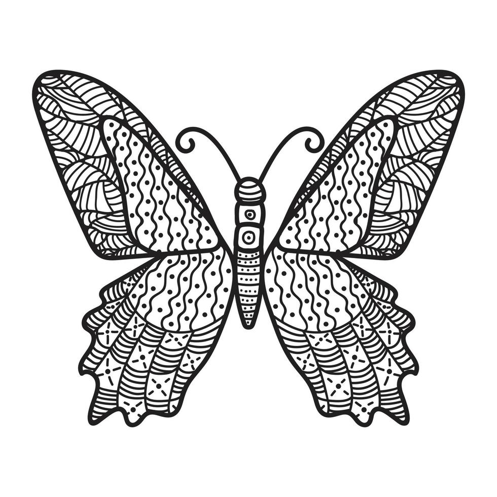 vector zwart en wit beeld van een vlinder Aan wit achtergrond. hand- getrokken vlinder zentangle stijl voor t-shirt ontwerp of tatoeëren.