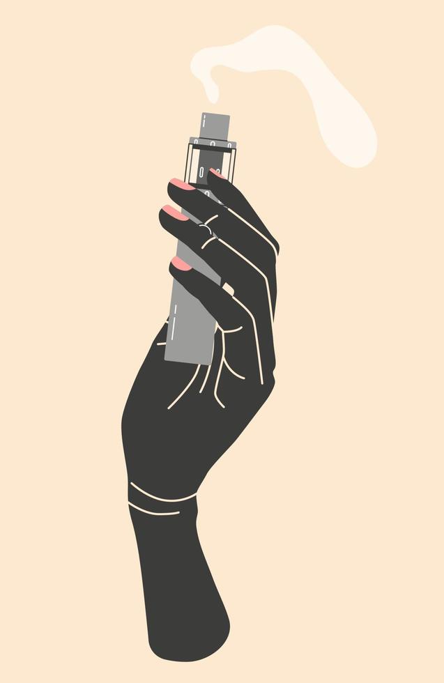 hand met vape, kleur illustratie. elektronische sigaretten en vape concept. moderne vectorillustratie. verscheidenheid aan ontwerpen vape-pennen en pod-mods. plat vectorontwerp voor web. vector