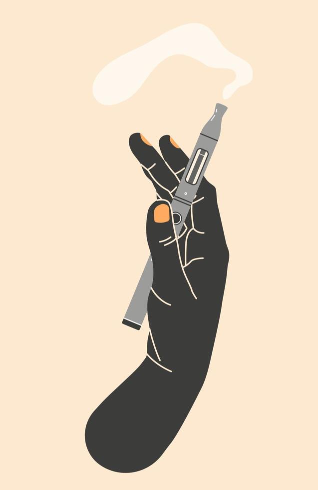 hand met vape, kleur illustratie. elektronische sigaretten en vape concept. moderne vectorillustratie. verscheidenheid aan ontwerpen vape-pennen en pod-mods. plat vectorontwerp voor web. vector