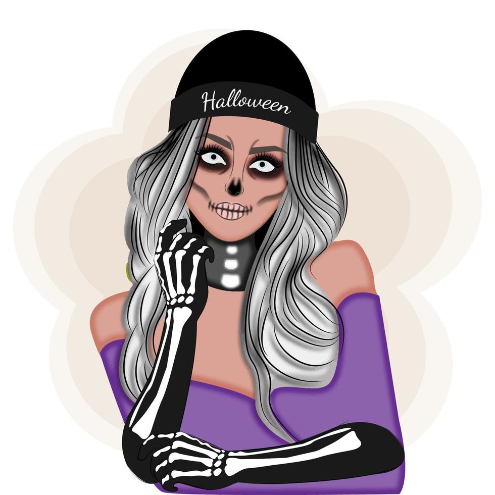 halloween make-up kunst, mode, stijlvolle meisjesafbeelding, vectorillustratie afdrukken vector