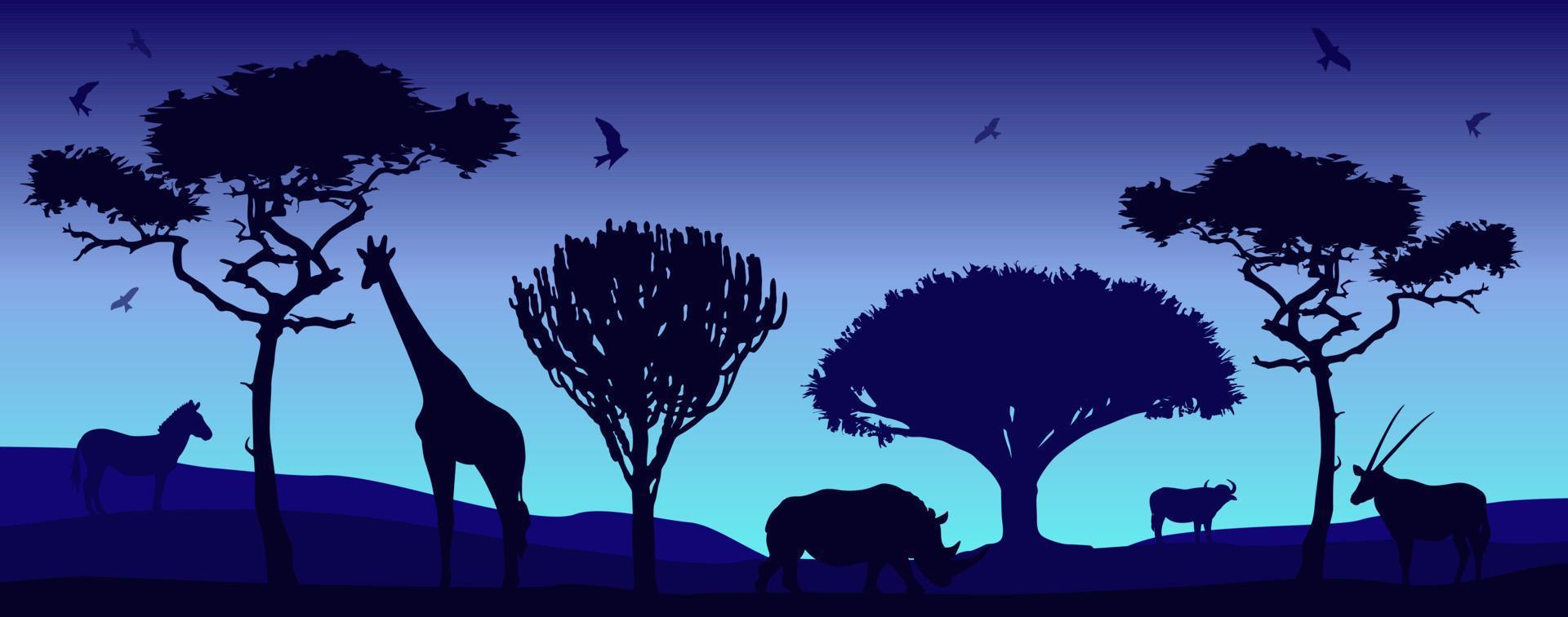 modern kunst met silhouetten van Afrikaanse dieren en Afrikaanse bomen Aan helling achtergrond. mooi illustratie met zonsondergang in Afrika. vector illustratie