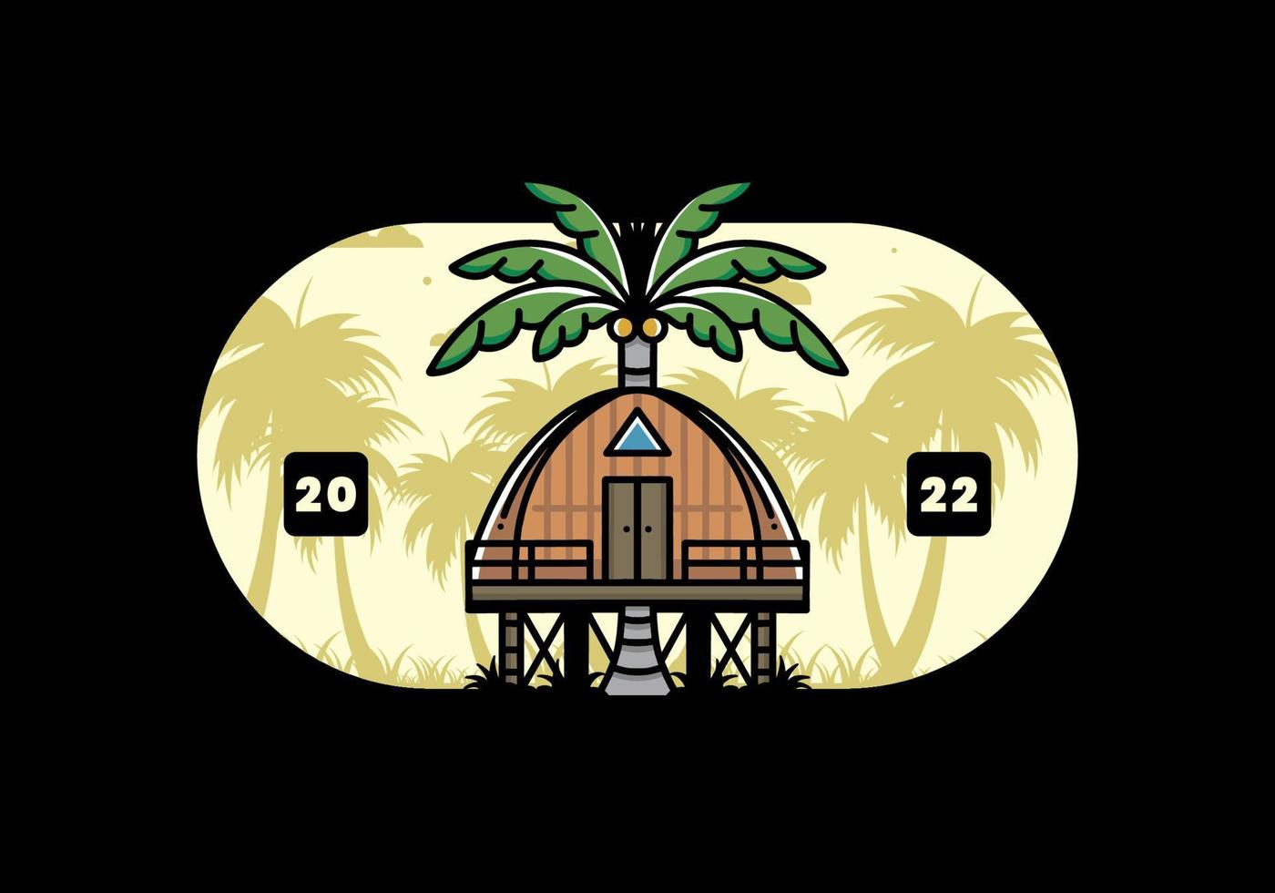 houten huis met groot kokosnoot boom insigne ontwerp vector