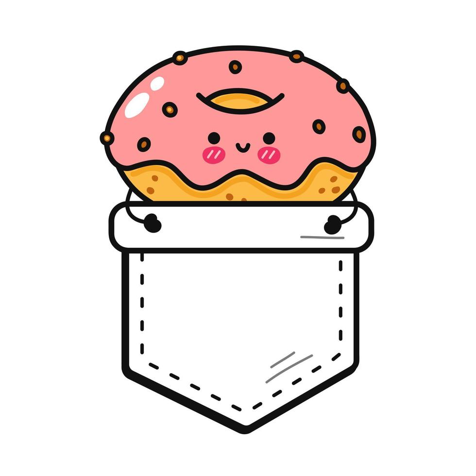 schattig grappig donut in zak- t-shirt print.vector tekenfilm tekening lijn stijl karakter logo illustratie ontwerp. geïsoleerd wit achtergrond. grappig wijnoogst donut afdrukken voor zak- t-shirt, kleding concept vector