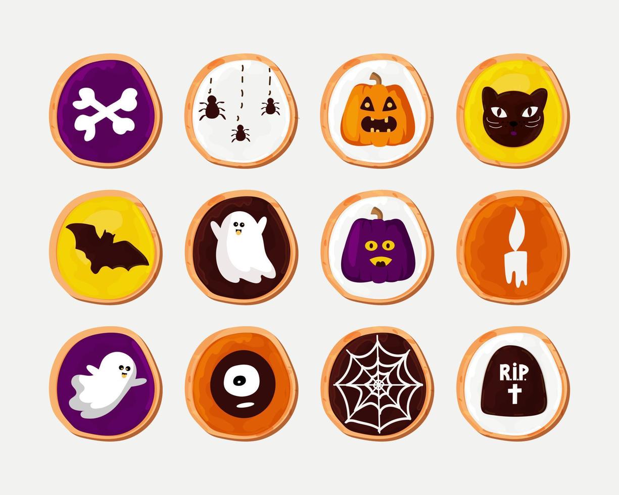 halloween koekjes set. traditioneel maaltijd. geglazuurd gebakjes met tekeningen in de het formulier van vleermuizen, pompoenen, botten, geesten. vector illustratie, tekenfilm stijl