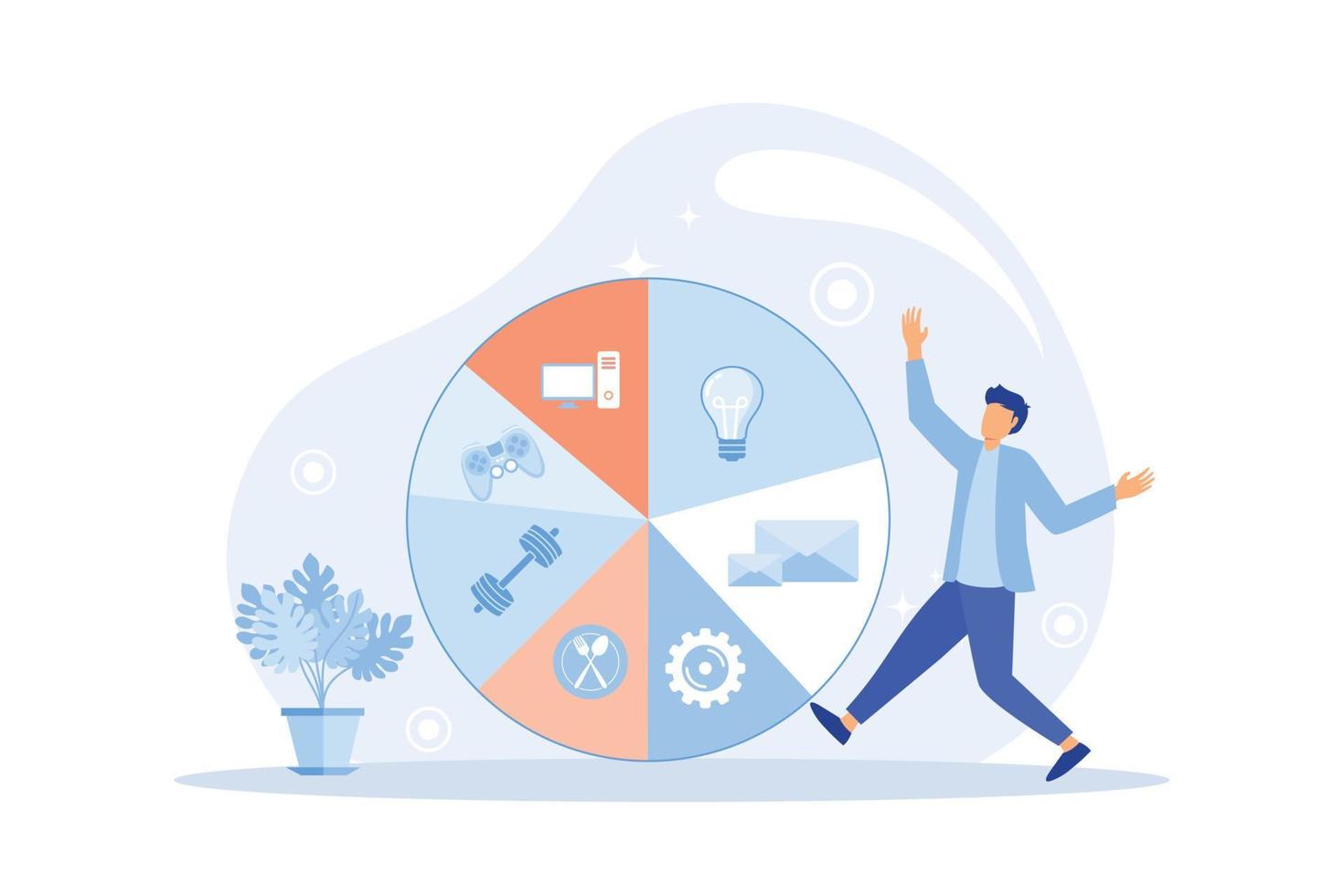 dagelijks schema metafoor, dagelijks zaken persoon, discipline indicatoren tijd voor rust uit, werk, slaap, voedsel. het roosteren activiteiten voor dag, tijd beheer, distributie van taken, cirkel sectoren bezetting vector