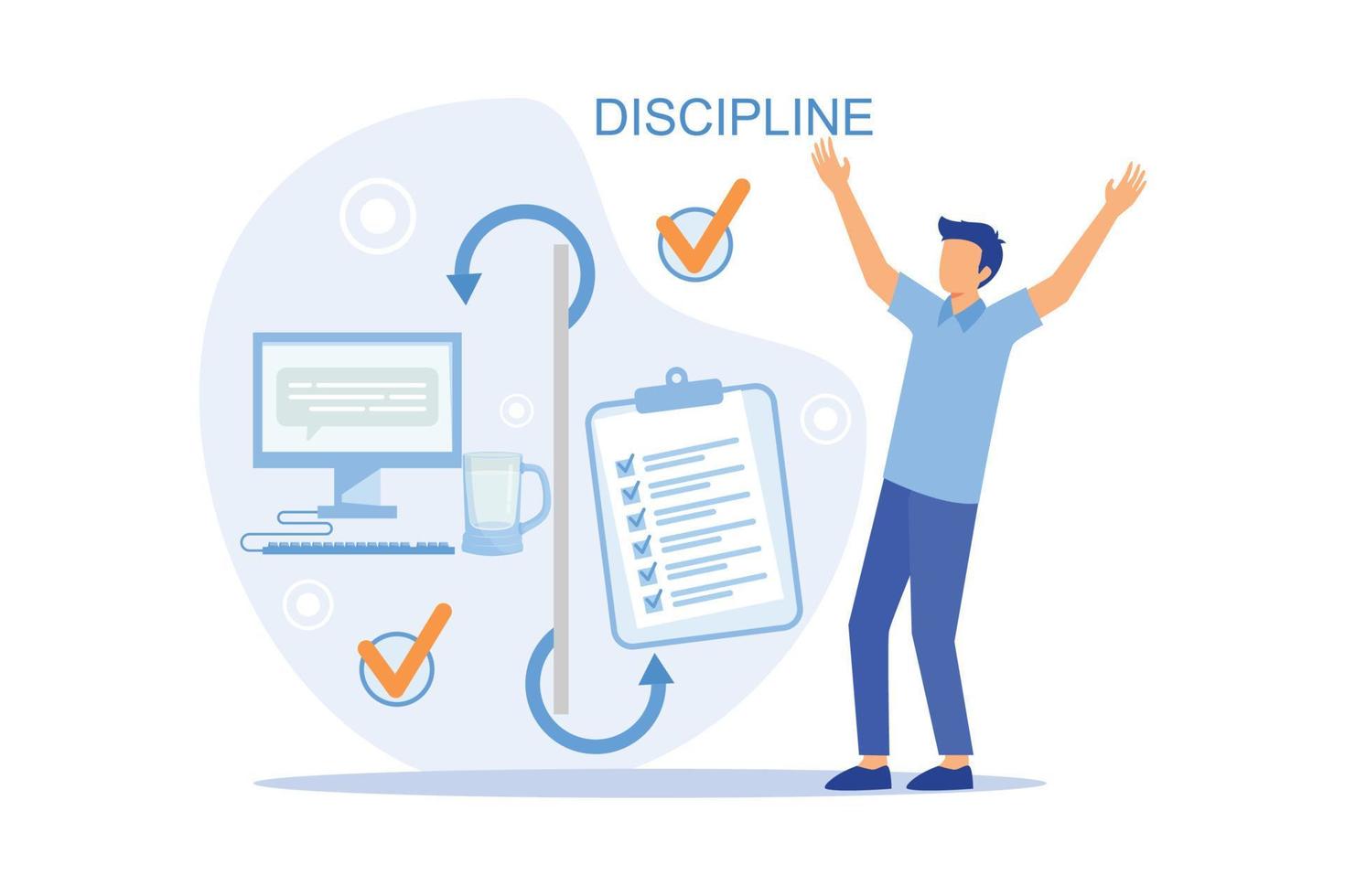 discipline concept werken dag idee metafoor. dagelijks zaken van persoon, vervulling van gepland plannen volgens naar regelgeving vlak vector modern ontwerp illustratie