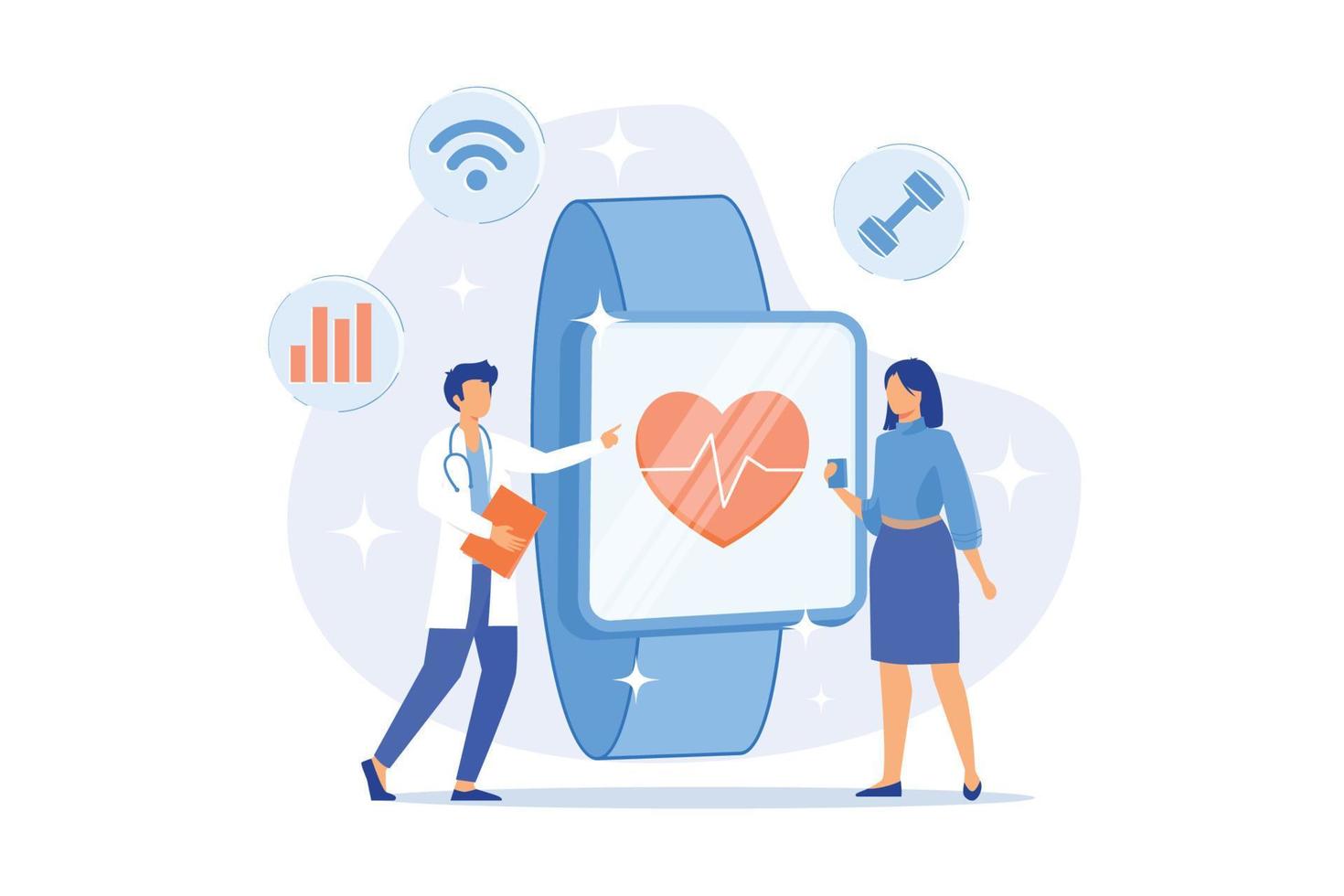 hart tarief Aan smartwatch. portable pulse volger. pols klok, kijk maar met touch screen, gezondheidszorg app. geschiktheid assistent. apparaatje voor training. vector geïsoleerd concept metafoor illustratie.