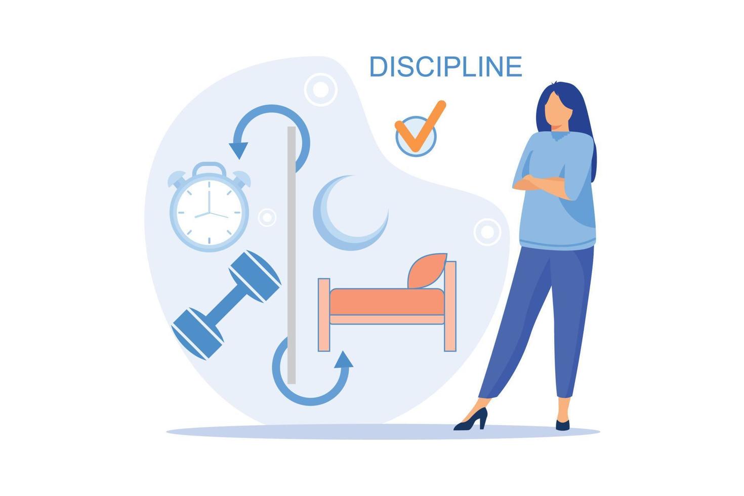 discipline concept werken dag idee metafoor. dagelijks zaken van persoon, vervulling van gepland plannen volgens naar regelgeving vlak vector modern ontwerp illustratie