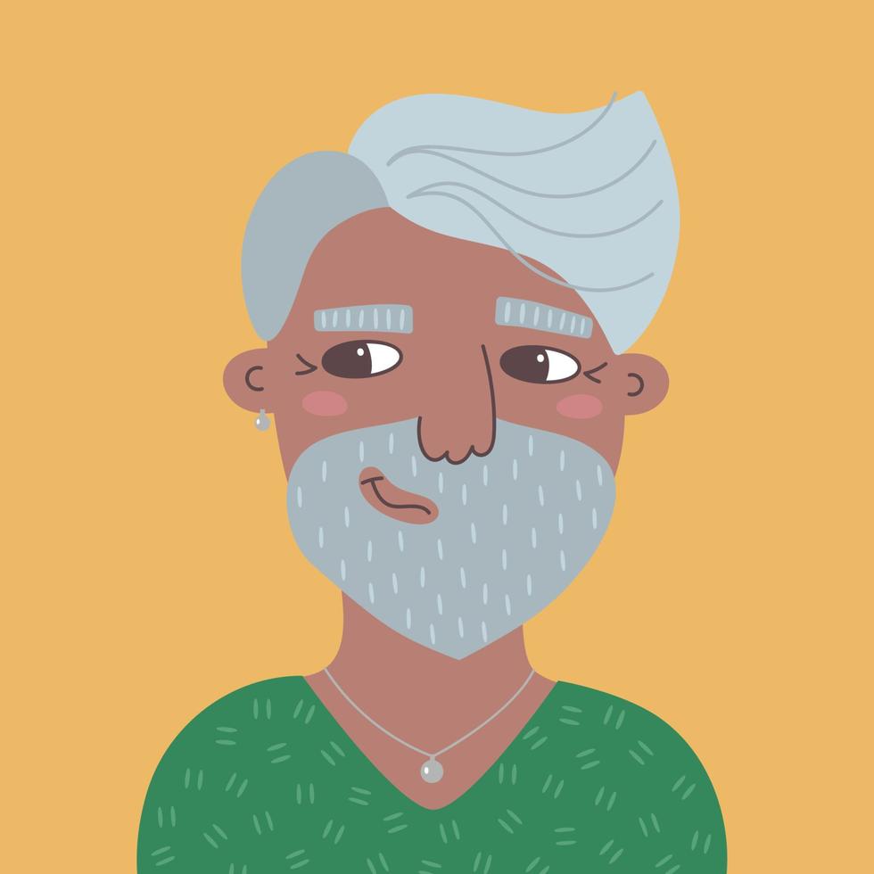 portret van glimlachen oud gewoontjes Mens. vector vlak illustratie van een met een donkere huid vent met een grijs baard. gelukkig glimlachen persoon met positief emoties Aan geel achtergrond voor avatars en affiches.