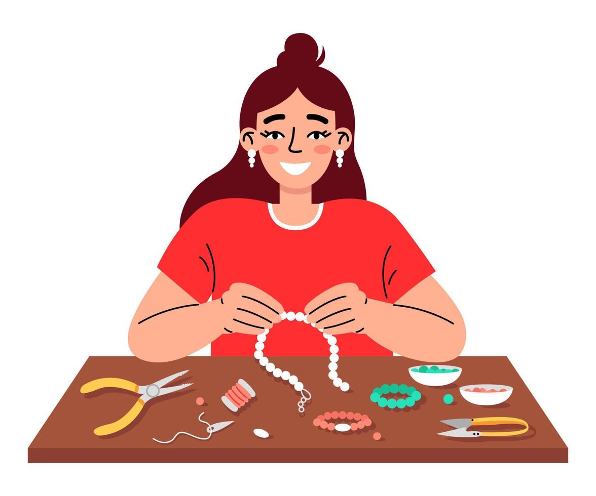 jong vrouw maken sieraden van kralen. ambacht handgemaakt hobby. kralen concept. vector