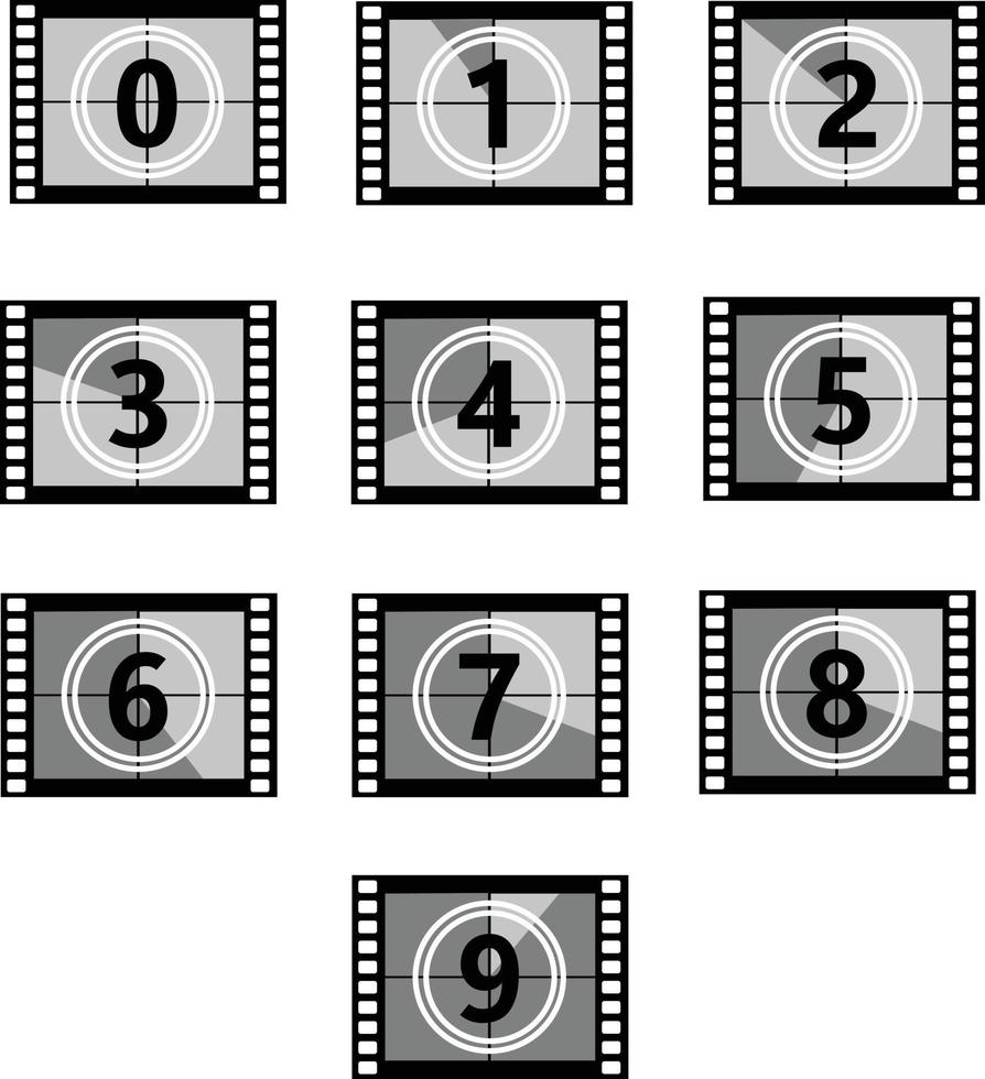 reeks een klassiek film countdown kader Bij de aantal een, twee, drie, vier, vijf, zes, zeven, acht en negen. film countdown teken. film timer tellen symbool. vector