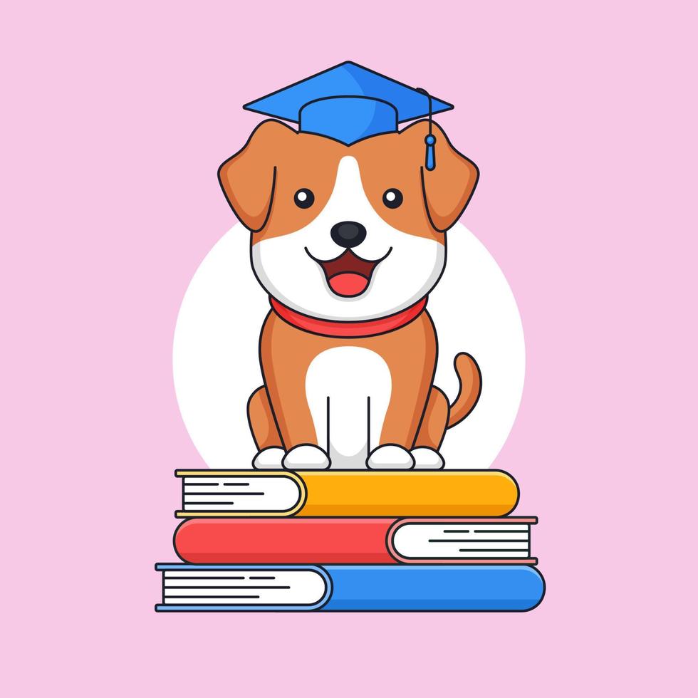 afgestudeerd hond staand Aan top van stack boek slijtage toga hoed voor dier school- werkzaamheid vector schets illustratie mascotte