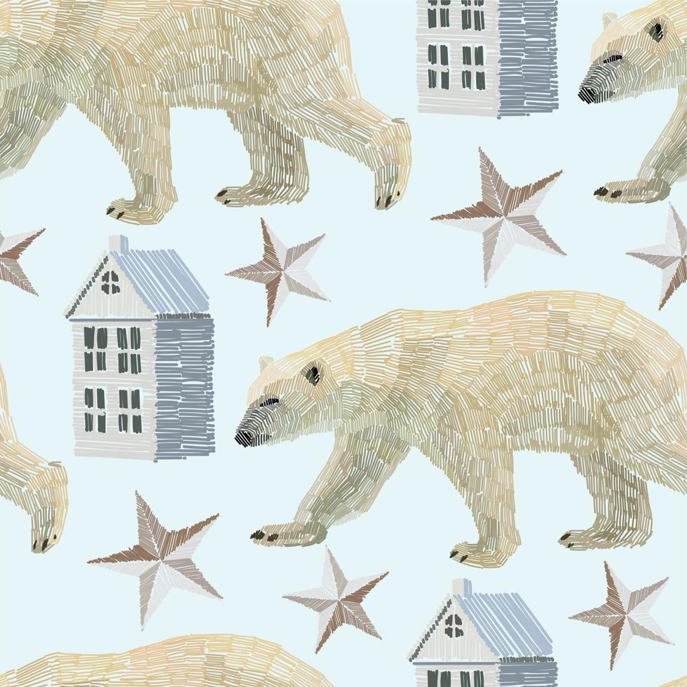 Kerstmis achtergrond met polair beer, huis en sterren. naadloos patroon. imitatie borduurwerk vector