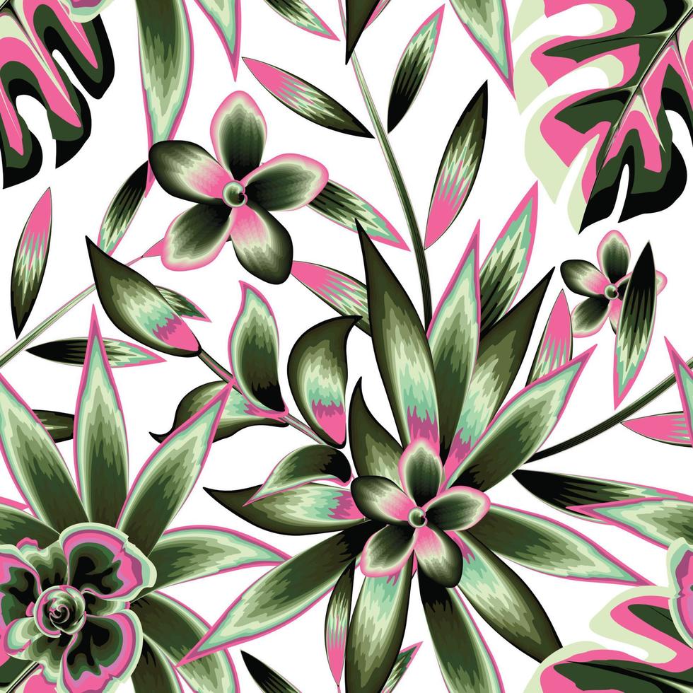 kleurrijk wijnoogst monstera bladeren naadloos tropisch patroon met groen roze frangipani bloem fabriek en gebladerte Aan wit achtergrond. natuur behang. kleurrijk modieus zomer afdrukken. herfst achtergrond vector